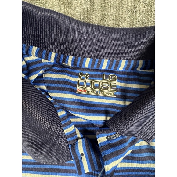 Under Armour Shirt Mens Large Blue Stripe Polo Loose Fit Heat Gear Short Sleeve - Picture 4 of 8